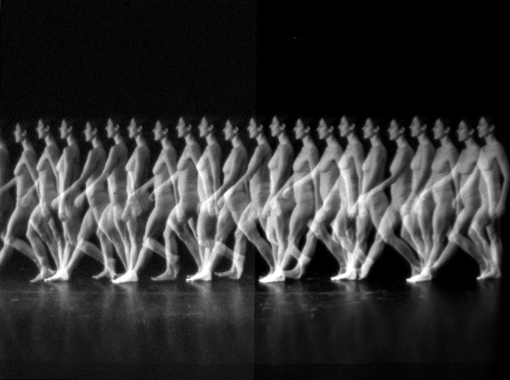 Chronophotograph of a walking woman on one plate