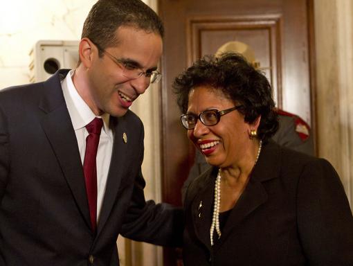 After months of discussion: Success - Mayor Angel Taveras and President Ruth J. Simmons celebrate an agreement that will benefit the University, the state and the city.