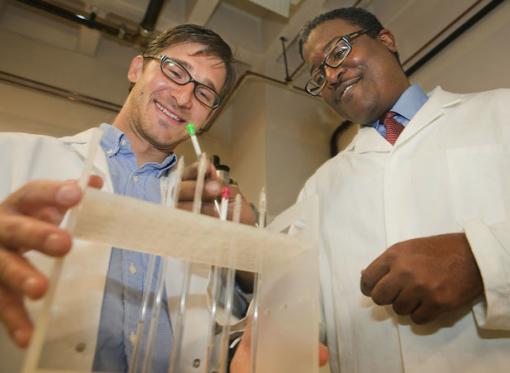 Waste not, want not - Aaron Socha, left, and Jason Sello devised a way to convert waste vegetable oil to biodiesel in a single reaction vessel, using environmentally friendly catalysts.
