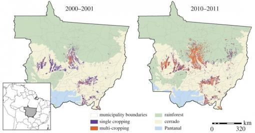 Double cropping in a decade - Double cropping (orange) in Mato Grosso has increased noticeably between 2000-01 and 2010-11. The benefits extend broadly in the regional economy.