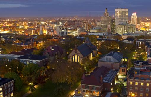 Kick-starting the knowledge economy - With $178.9 million spent on research and 98 new technology patents filed last year, academic research at Brown is a leader in developing the knowledge economy.Pre-dawn photo of Brown and Providence by Mike Cohea/Brown University.