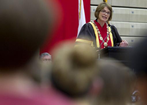Rain site - President Paxson delivered the 2012 Opening Convocation Address in the Pizzitola Sports Center, away from rain and lightning. The ceremonial walk through the Van Wickle Gates would have to wait for better weather in the morning.