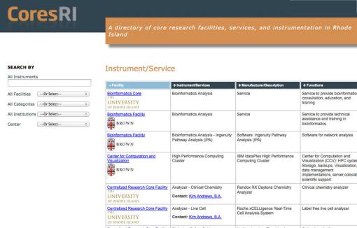A “living” site for sharing valuable resources - Detailed information on more than 500 lab instruments and services
available in more than 30 core facilities and laboratories at 12 Rhode Island
institutions is now available online. The site will be constantly updated.