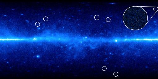 View of the universe from NASA's Fermi Gamma-ray Space Telescope - Brown physicists studied seven dwarf galaxies, circled in white (click to enlarge). Observations indicate those galaxies are full of dark matter because their stars’ motion cannot be explained by their mass alone, making them ideal places to search for dark matter annihilation signals.