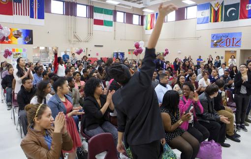 Decision Day cheering - College-bound seniors at Jorge Alvarez High School rise when their college is announced, in this case Rhode Island College. The senior class sent out 260 college applications this year.