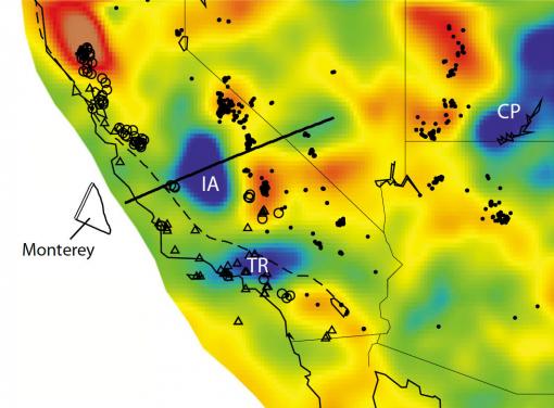 Mostly gone, not forgotten - The Isabella anomaly (IA, above), is at the same depth (ca. 100 km) as other fragments of the Farallon plate under Oregon and Washington, is on a line with fragments off the California coast, and has a similar seismic tomography signature.