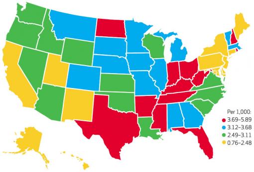 Held for observation - Monthly incidence of “observation stays” per 1,000 Medicare beneficiaries varies across states – lower in the West, higher in the South and Midwest.