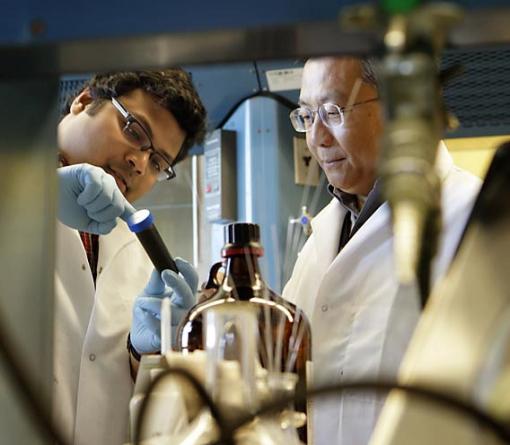 Metal masters - Vismadeb Mazumder (left) and chemistry professor Shouheng Sun, both of Brown University, have demonstrated that a unique core-shell nanoparticle is a cheaper, more active and longer-lasting fuel-cell catalyst than commercially available platinum products.