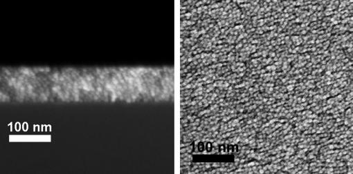 Efficient manufacture and optimized conductivity - Electron microscopy (cross-section, left, and facing view) shows an even distribution of indium titanium oxide nanocrystals essential for a highly conductive, transparent thin film.