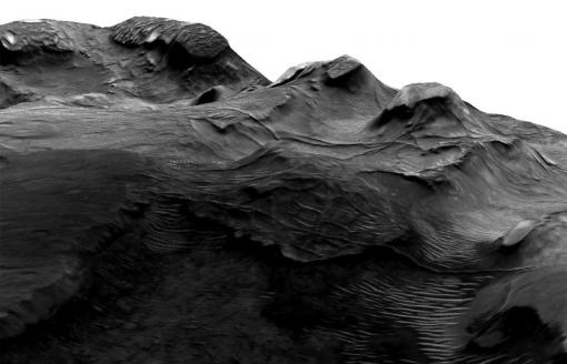 Fossilized hydrology - A 3-D image of an impact crater in the Nilosyrtis area on the Martian surface shows long pipe-like ridges, fossilized evidence of ancient subsurface water flow.