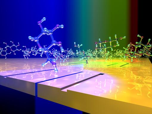 Tripping the light fantastic - Each plasmonic interferometer – thousands of them per square millimeter – consists of a slit flanked by two grooves etched in a silver metal film. The schematic shows glucose molecules “dancing” on the sensor surface illuminated by light with different colors. Changes in light intensity transmitted through the slit of each plasmonic interferometer yield information about the concentration of glucose molecules in solution.