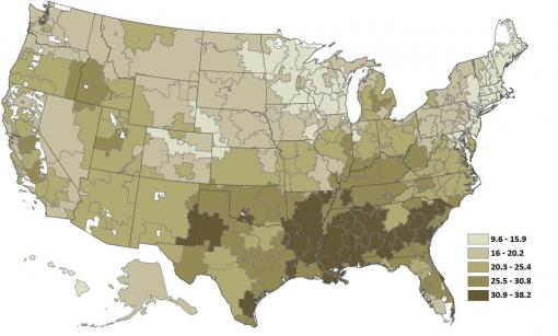 Perilous pills - Prescribing rates of high-risk medications for seniors on Medicare Advantage plans were highest in the South, lowest in New England. The map shows the percentage of seniors who received one or more high-risk medications. (Click to enlarge)