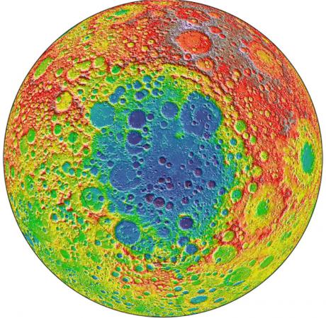 Among the largest known craters in the solar system - Red areas on the topographic image indicate high elevations, and blue or purple areas indicate low
elevation. The South Pole Aitken basin could hold clues about the composition of the Moon’s mantle.