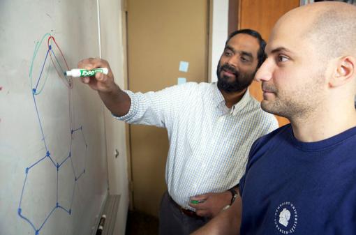 The strength of graphene - In some cases, the area where two sheets of graphene are joined can be as strong as pure graphene. Vivek Shenoy, with graduate student Rassin Grantab, illustrates the carbon heptagons that mark these “grain boundaries.”