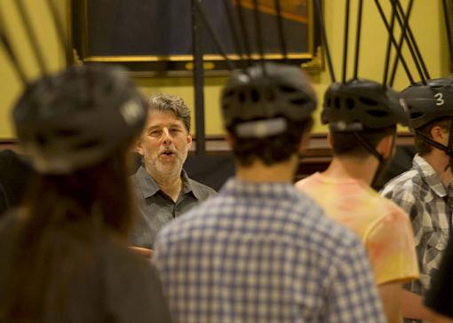 Is crowd behavior “self-organized” - William Warren prepares to send a cohort of test subjects onto the floor in Sayles Hall. Helmets with motion-capture markers and an array of infrared cameras recorded the precise movements of individuals as their groups avoided obstacles, crossed paths with other groups, and followed pathways marked on the floor.