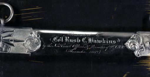 For courage and gallantry - Detail from the Tiffany silver sword presented to Col. Rush Hawkins of the 9th New York Volunteers in May 1863. The sword, part of the AnnMary Brown Memorial established at Brown by Hawkins, was stolen from the University’s collections in 1977 or earlier.