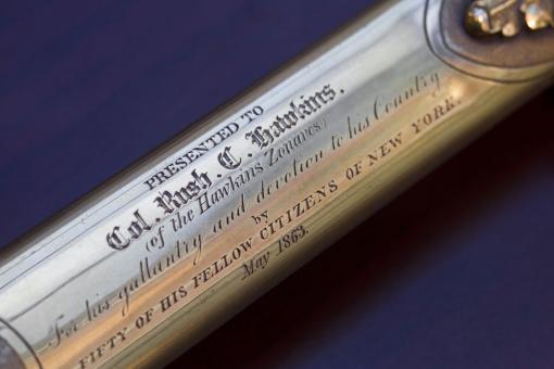 For courage and gallantry - Detail from the Tiffany silver sword presented to Col. Rush Hawkins of the 9th New York Volunteers in May 1863. The sword, part of the AnnMary Brown Memorial established at Brown by Hawkins, was stolen from the University’s collections in 1977 or earlier.