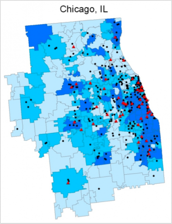 Fewer options for the needy - Nursing home closures (red triangles) in the Chicago area overlap closely with the poorest third of ZIP codes (darkest blue). Black dots represent nursing homes still open.