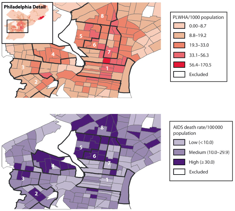 Living and dying with HIV/AIDS: Maps of Philadelphia show people living with HIV/AIDS per 1,000 (top) and AIDS death rate per 100,000. Darker areas have more people living with HIV/AIDS and a higher AIDS death rate. Areas 1&nbsp;and&nbsp;4, here and below, show similar infection levels but marked contrast in death rate and economic/racial factors.