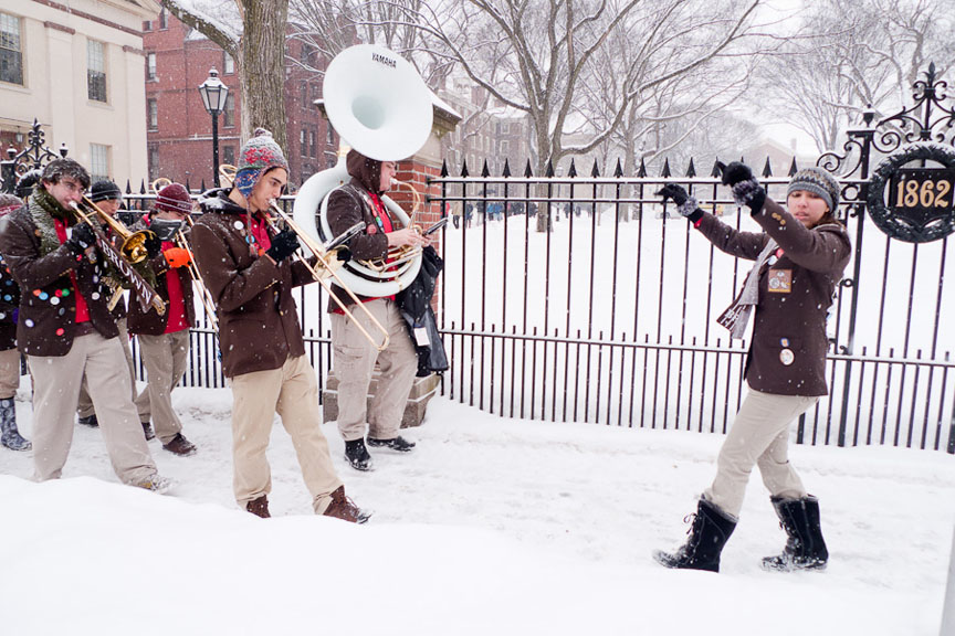 Cold hands, warm hearts: The Brown Band helped welcome transfer students and visitors from the Brown–Tougaloo College Partnership. They marched Tuesday, January 25, between snow storms.&nbsp;&nbsp;&nbsp;Credit: Ken Zirkel