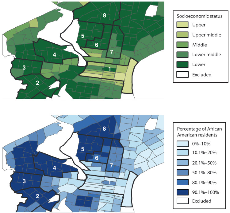 Communities by socioeconomic status and race: The infection and death data from the maps above correlate with these maps of socioeconomic status (top, darker green areas are poorer) and race (darker blue areas have higher percentage of African American residents). “Many of our resources don’t go to the communities who need them most,” said researcher Amy Nunn, “but we know exactly where people live who are becoming infected.”