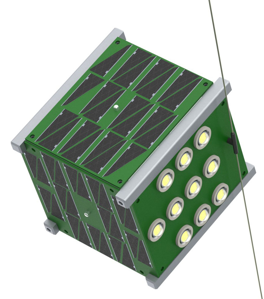 EQUiSat: Solar arrays will charge the battery that aligns the satellite, powers its LED beacon, and sends radio messages about the health of its systems.