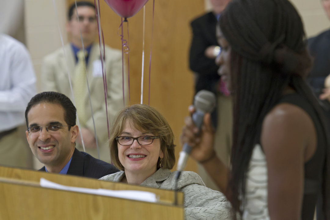 Cheering section: Mayor Angel Taveras and President Christina Paxson were on hand to congratulate Alvarez seniors on their plans for college. “What you’re doing is awesome in so many ways,” Taveras said.
