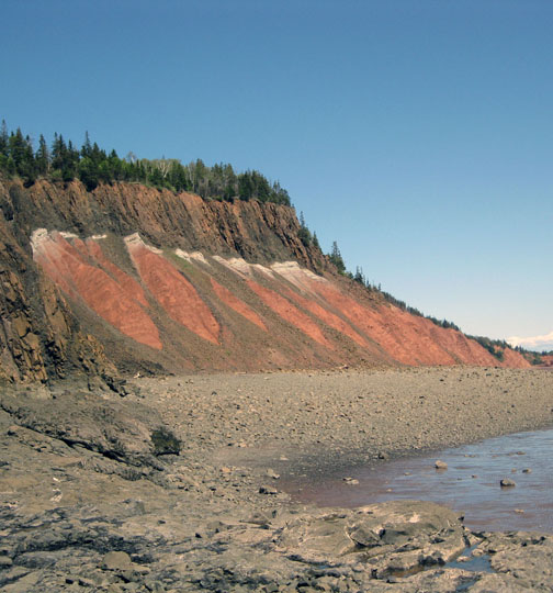 Central Atlantic Magmatic Province: Massive lava flow (top brown layer) sits atop end-Triassic (white) and Triassic (red) layers at a site in Five Islands Provincial Park, Nova Scotia.&nbsp;&nbsp;&nbsp;Image: Jessica. H. Whiteside/Brown University