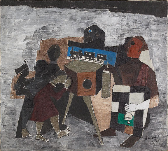 M.F. Husain, Amusement in the Street (1957): Oil on canvas, 14 1/4 x 20 1/2.Lent by Amrita Jhaveri, Class of 1991.