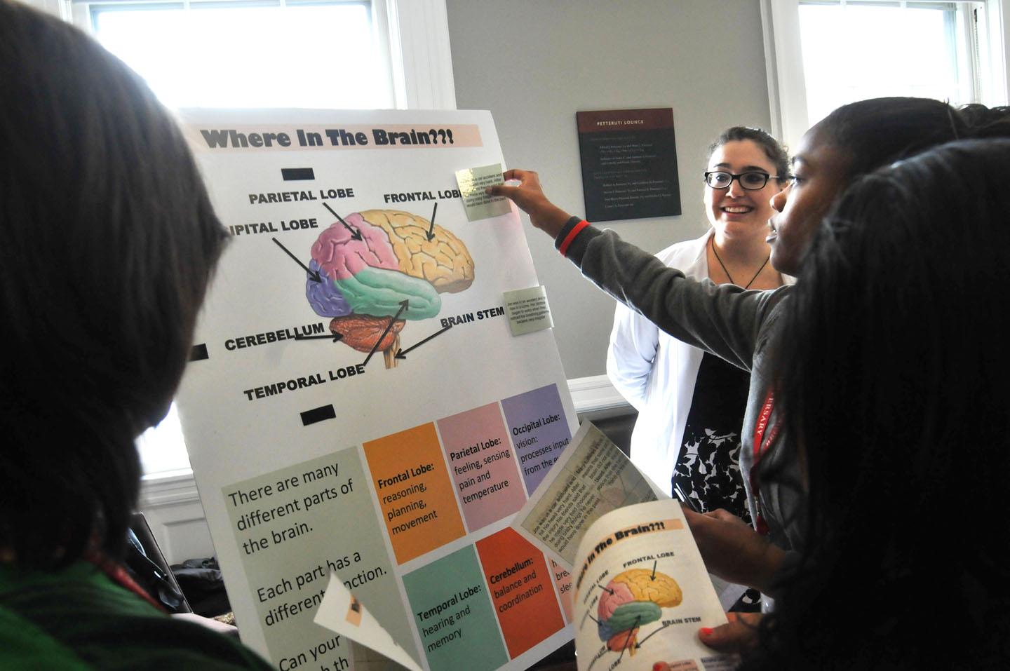 Pin the sticker on the brain: Medical student Zoe Weiss leads a session on the geography of the brain, asking middle school students to match a problem with the region of the brain that's involved. Credit:&nbsp;Frank&nbsp;Mullin/Brown&nbsp;University