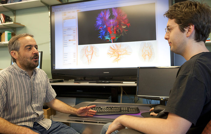 Making 2-D diagrams of 3-D complexities: David Laidlaw, left, and Radu Jianu worked with colleague Çağatay Demiralp to develop software tools that allow neuroscientists to examine 2-D and 3-D maps and images of the brain — and to share their work across the Web.&nbsp;&nbsp;Credit: Mike Cohea/Brown University