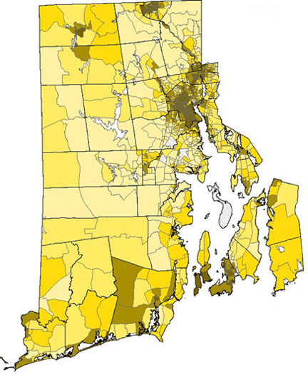 A selective scourge: A higher incidence of lead poisoning (darker areas), using 1993-2005 data, correlated with lower income areas and communities with a preponderance of older, pre-1950 housing stock. Credit:&nbsp;Vivier&nbsp;et&nbsp;al./Brown&nbsp;University