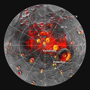 Mercury’s north pole: Red areas (from MESSENGER) and yellow areas (from Earth-based radar) are in persistent shadow. Credit:&nbsp;NASA/JPL