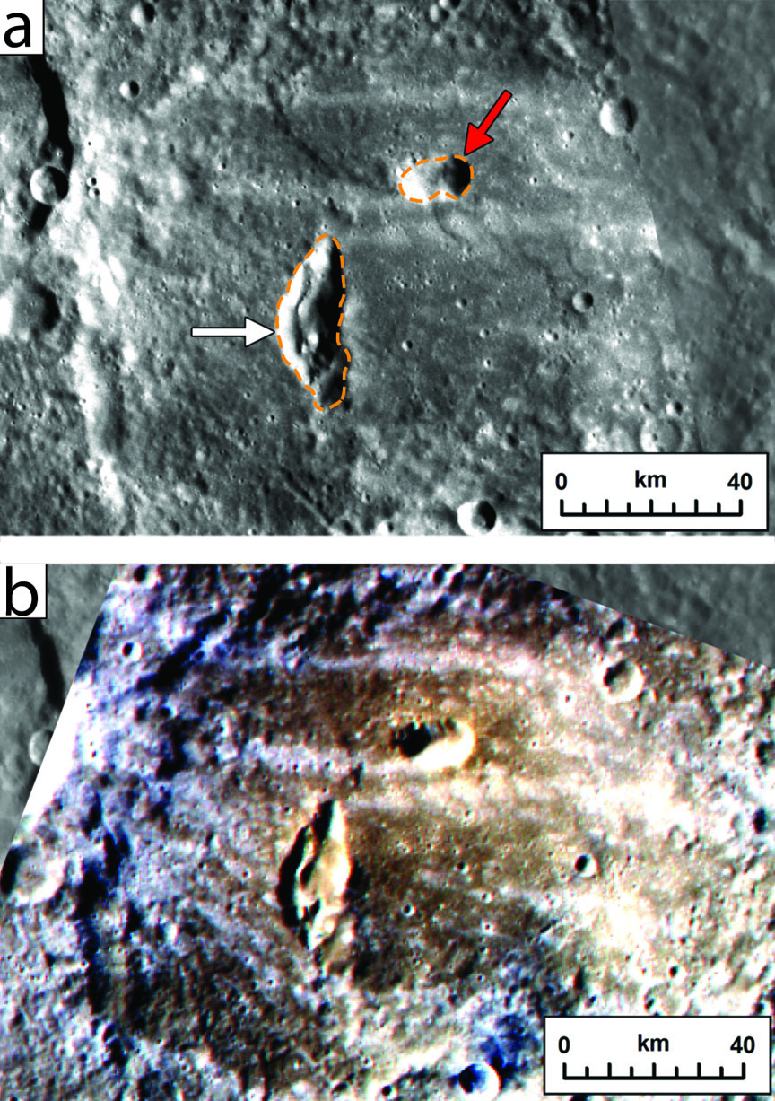 Measuring geological time: Two pyroclastic vents on the floor of Mercury’s Kipling crater, top, would likely not have survived the impact; they are more recent. The false color image of the same spot, bottom, marks pyroclastic material as brownish red.