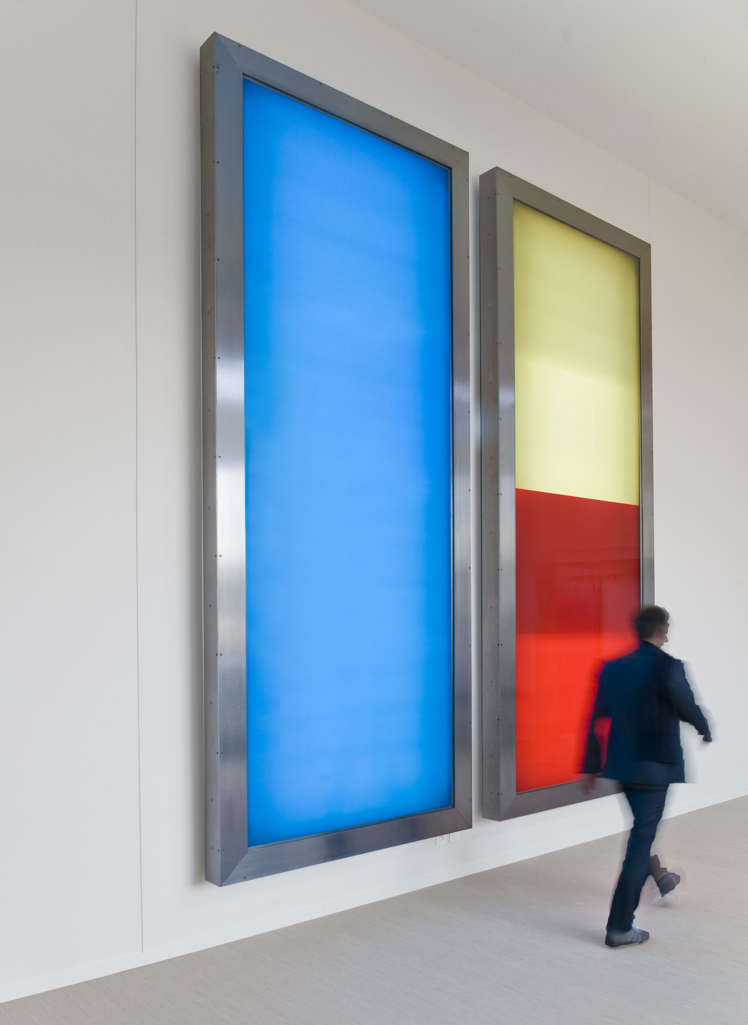 realities:united, 2x5: Two 14 x 5 foot light boxes will wash the entrance of the Granoff Center in a range of colors, from white, to rose, blue, mustard, and red.