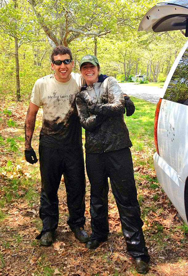 Dirty work: Matt Bevil and Sinead Crotty, like the rest of the research team, faced a marathon of mud during the summer. Their work yielded two published papers and answered many questions about salt marsh destruction in the Northeast.