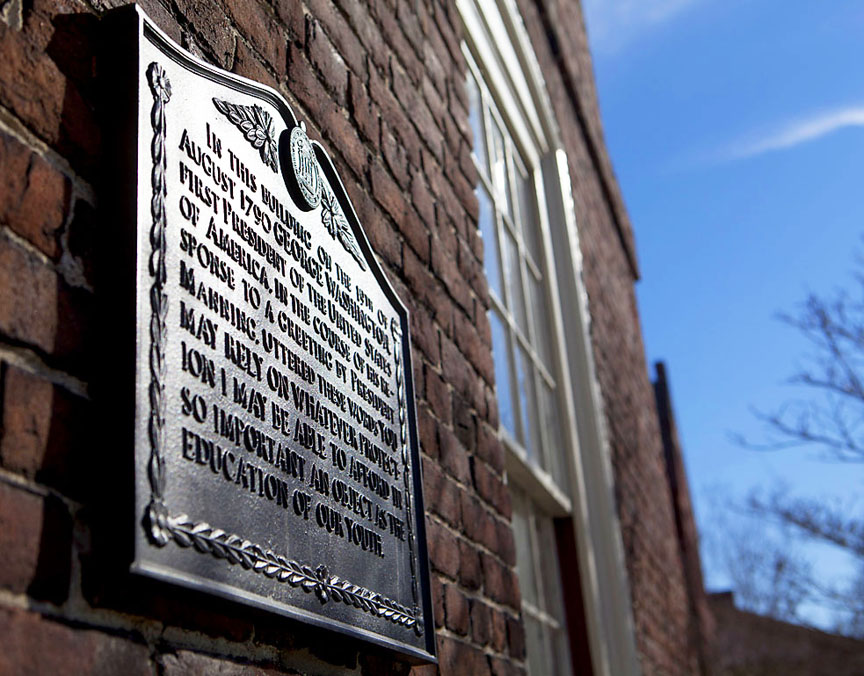 Washington was here: A plaque on the west side of University Hall commemorates Washington’s assurance, “You may rely on whatever protection I may be able to afford in so important an object as the education of our youth.”