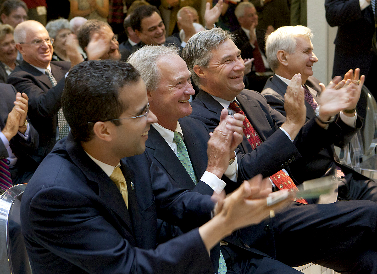 A big day for Brown, Providence, Rhode Island: Mayor Angel Taveras, Gov. Lincoln Chafee, and Sens. Sheldon Whitehouse and Jack Reed cheer President Ruth Simmons at the grand opening. Credit: Mike Cohea/Brown University