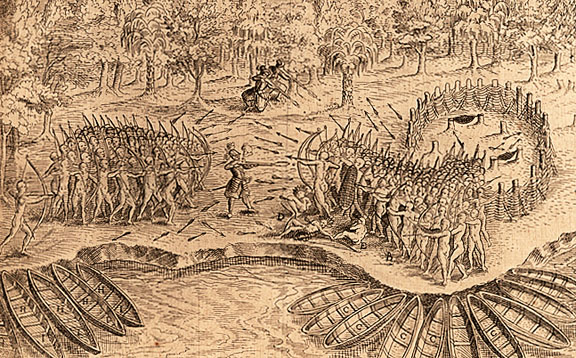 An Old World-New World Alliance: In a 1609 battle, the Iroquois defend a small wooden fort against Hurons, Algonquians, Montaignais, and three Frenchmen with guns. The central figure is thought to be Champlain, singlehandedly holding off the Iroquois.