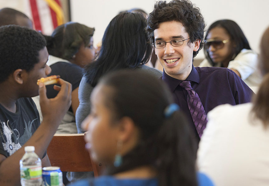 Everywhere and anywhere, all the time: Students know Joe Maurer will find them wherever they are — hallways, classrooms, cafeteria — if they need reminding about college application deadlines. Credit: Mike Cohea/Brown University