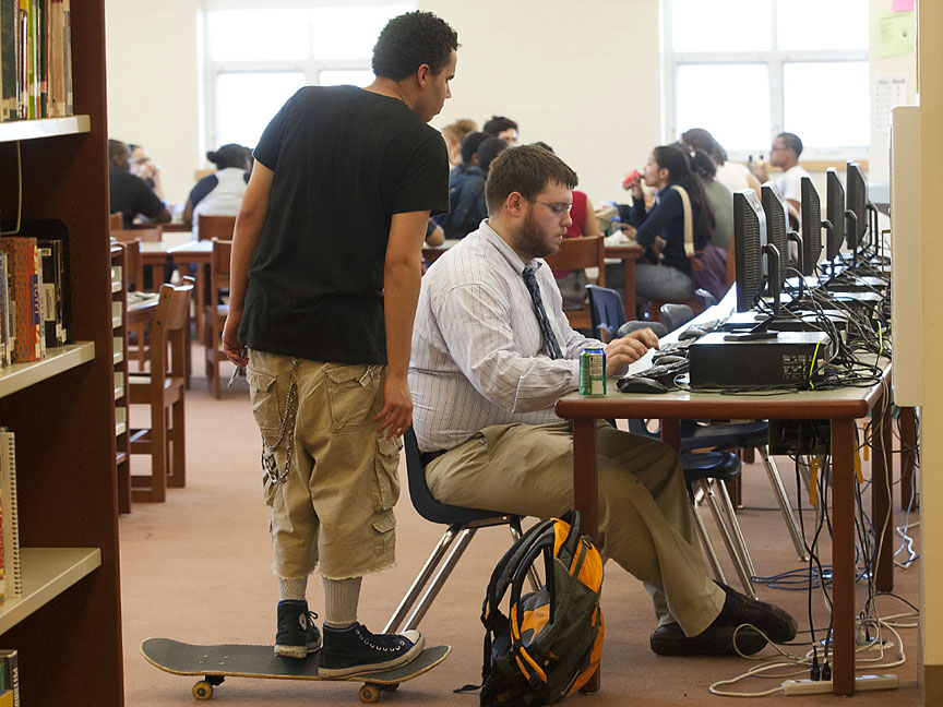 Moving students forward: Caleb Miller, like all the Swearer Center college guides, is a recent college grad who remembers what the high-school-to-college transition was like. Credit: Mike Cohea/Brown University