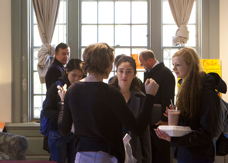 It’s a matter of control: Michelle Frea ’14, center, and Alison Murphy ’14, right, speak with Dallase Scott of GreenerU about controlling the heating systems in their dorm rooms. Credit:&nbsp;Mike&nbsp;Cohea/Brown University