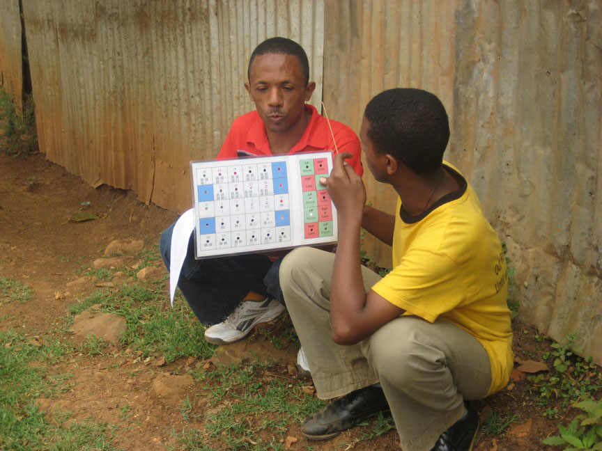 Simple, portable, low-tech, low-cost: Respondents answer questions by poking a stick through the punched hole of the answer they wish to give. The interviewer records the code.