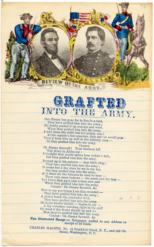 Grafted into the Army: “I thought they would spare a lone widder’s heir, but they’ve grafted him into the army.”Credit: The John Hay Library/Brown University