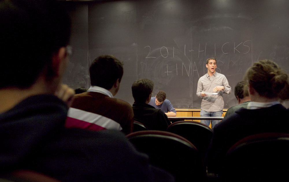 Speaking persuasively, organizing thoughts on the fly: Sam Magaram presents his points during the 2011 Radcliffe Hicks Prize Competition sponsored by the Brown Debating Union. The competition has been held since 1882. Credit: Michael Cohea/Brown University