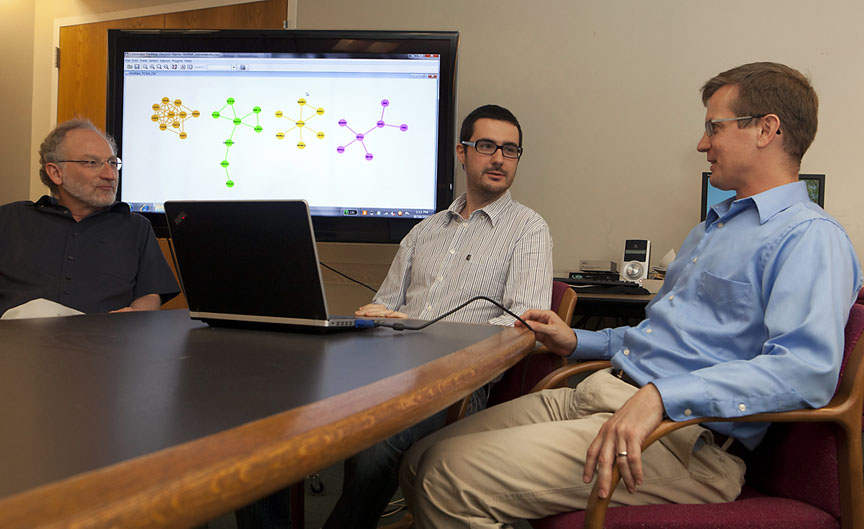 Identifying the conspiracy: Computer scientists Eli Upfal, Fabio Vandin, and Ben Raphael designed software to focus on groups of genes. “Instead of identifying individual players,” Raphael asked, “can we identify the conspiracy?”&nbsp;&nbsp;Credit: Mike Cohea/Brown University