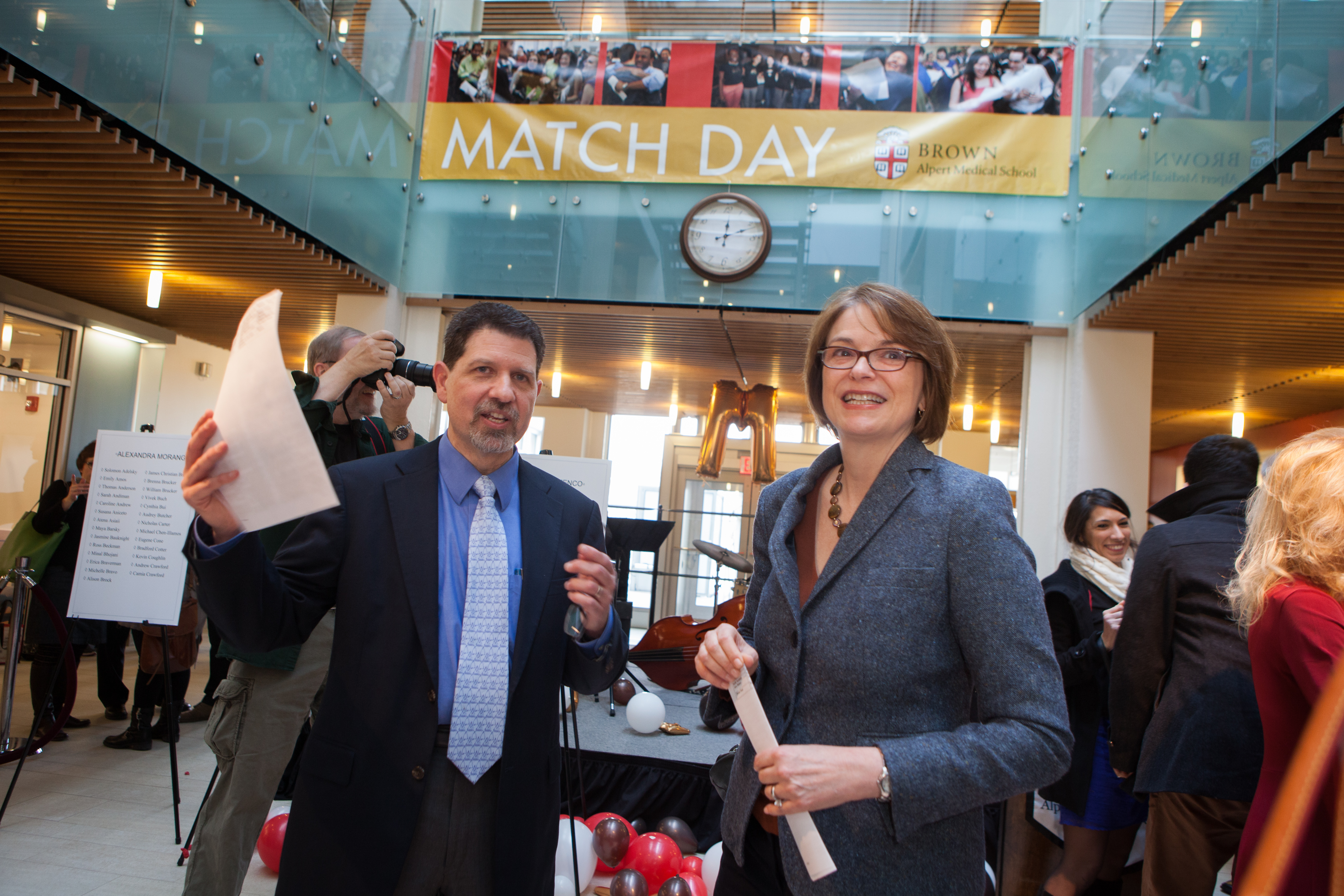 Congratulations: President Christina Paxson, with Associate Dean Phil Grappuso, personally congratulated the M.D. Class of 2013 at her first Alpert Medical School Match Day.