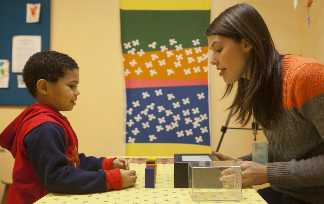 Which blocks will make the box glow green?: After a few iterations, children can deduce, infer, and generally figure out which colored blocks are essential.