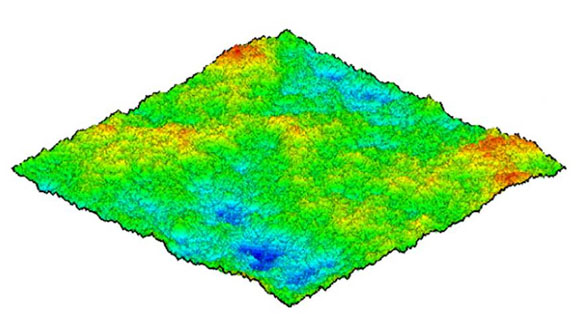 Hitting the high points: Computer-simulated topography shows high points — asperities (in red) — on the rock surface. When in contact with asperties on the adjacent surface, these asperities may undergo intense flash heating in an earthquake.Credit: Mark Robbins and Sangil Hyun, Johns Hopkins University