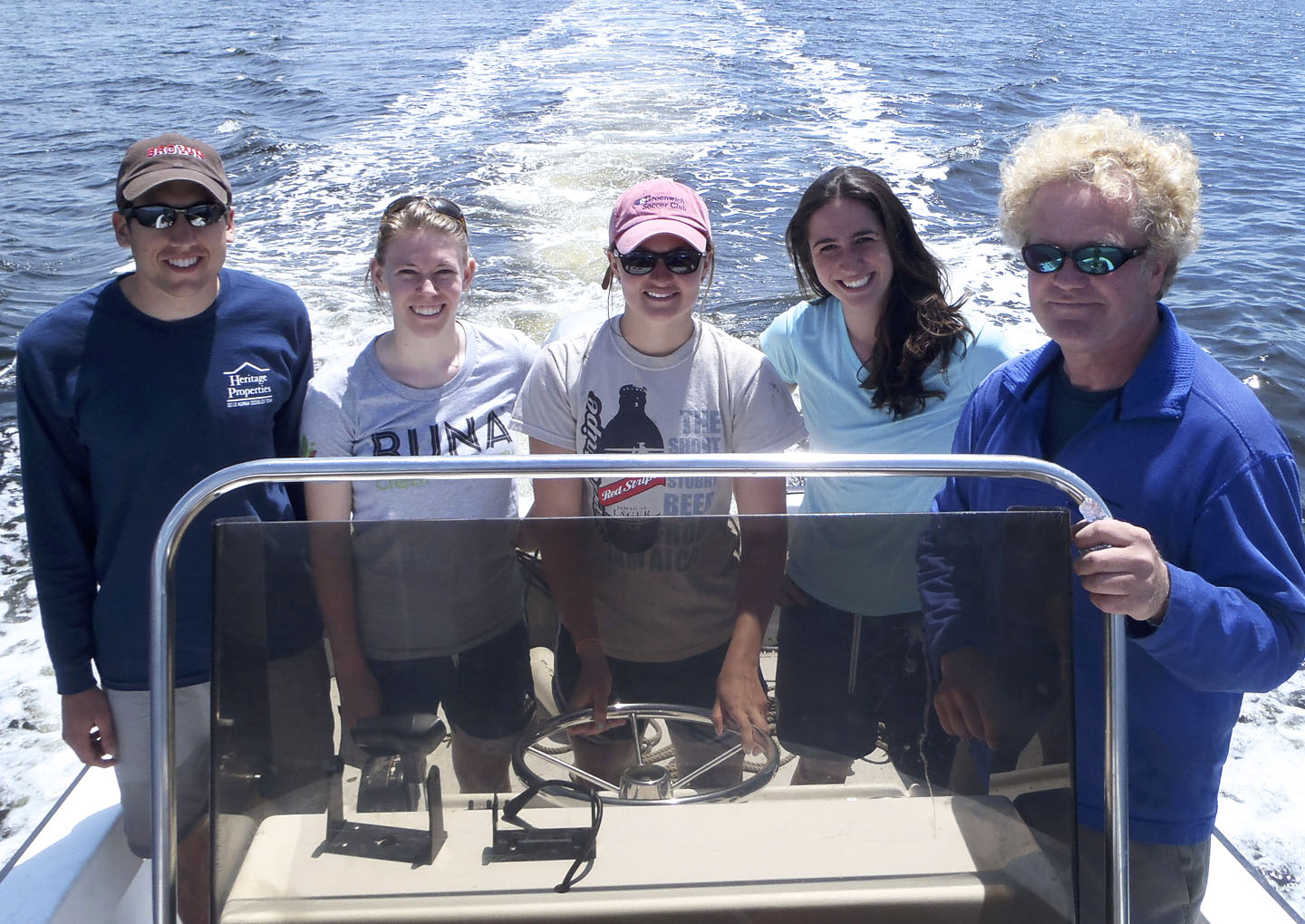 Moving on to Narragansett Bay: The research team, from left: Matt Bevil, Elena Suglia, Caitlin Brisson, Sinead Crotty, and Mark Bertness. Salt marsh die-off, properly understood, must now be managed.